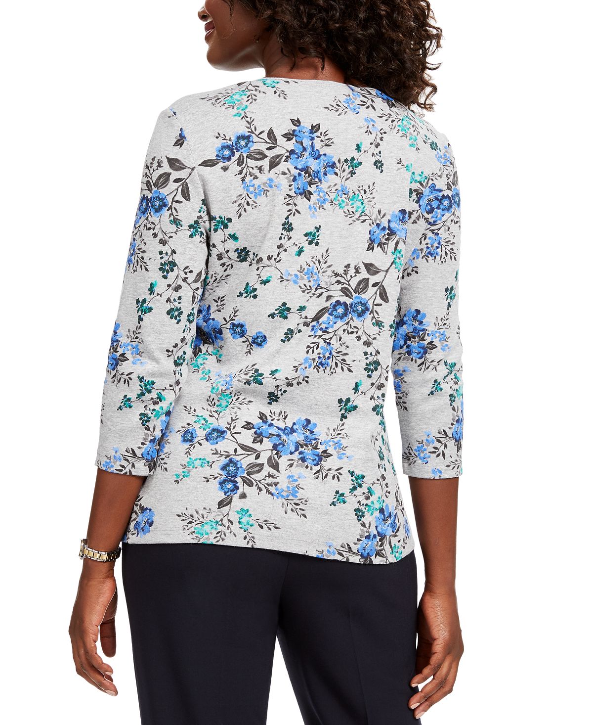 Karen Scott Women's Floral Print 3/4 Sleeve Top Gray Size X-Small