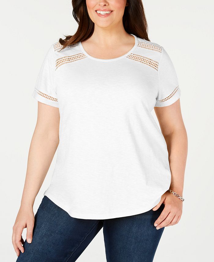 Charter Club Women's Crochet Trim Cotton T-Shirt White Size 1X