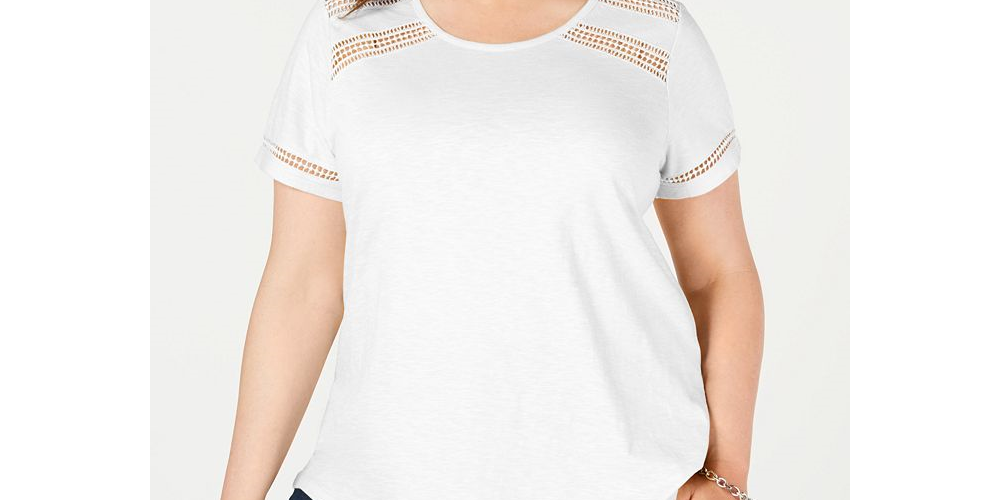 Charter Club Women's Crochet Trim Cotton T-Shirt White Size 1X