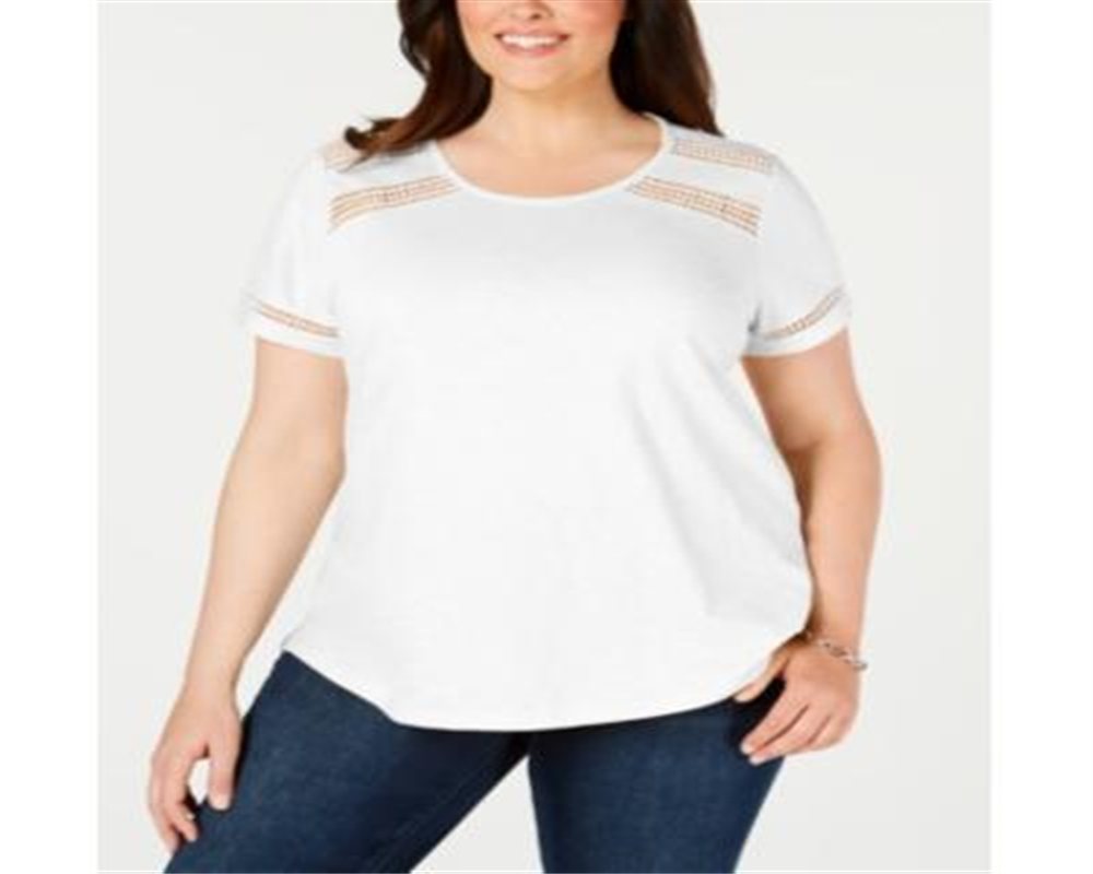 Charter Club Women's Crochet Trim Cotton T-Shirt White Size 1X