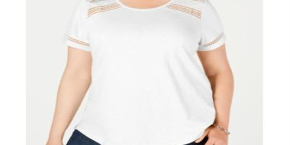 Charter Club Women's Crochet Trim Cotton T-Shirt White Size 1X