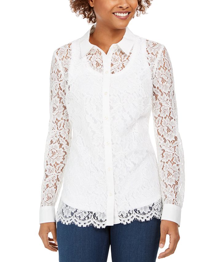 Charter Club Women's Lace Button up Shirt White Size Petite XL