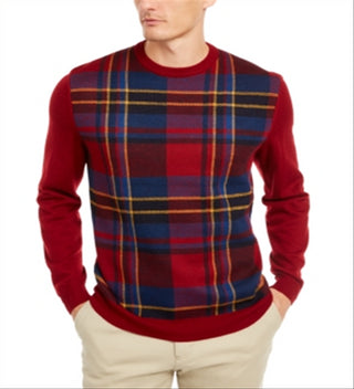 Club Room Men's Plaid Panel Merino Wool Blend Sweater Red Size Large