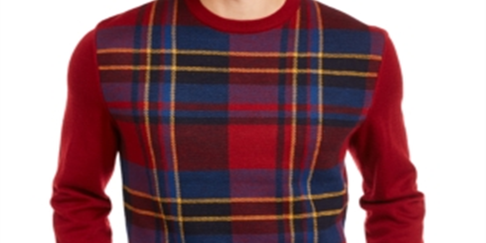 Club Room Men's Plaid Panel Merino Wool Blend Sweater Red Size Large