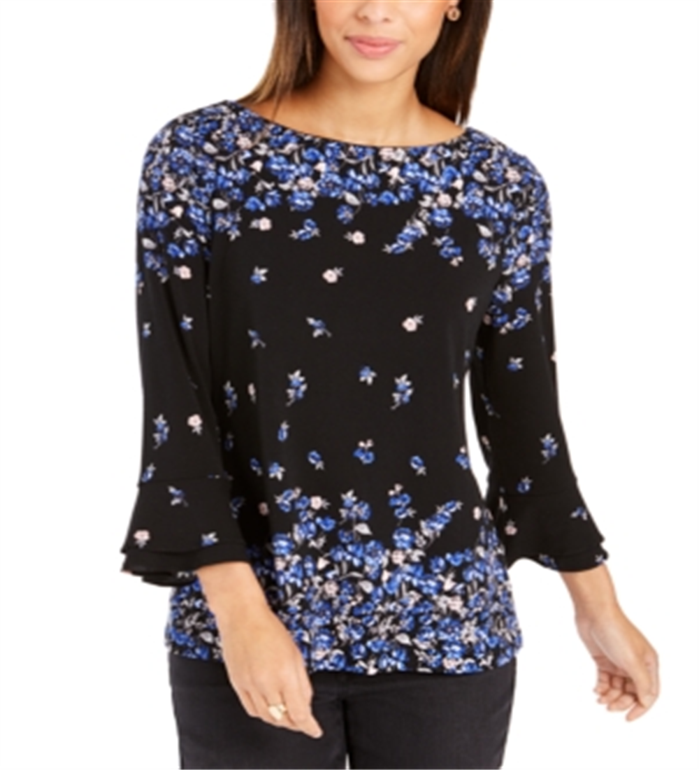 Charter Club Women's Floral Print Bell Sleeve Blouse Blue Size Medium