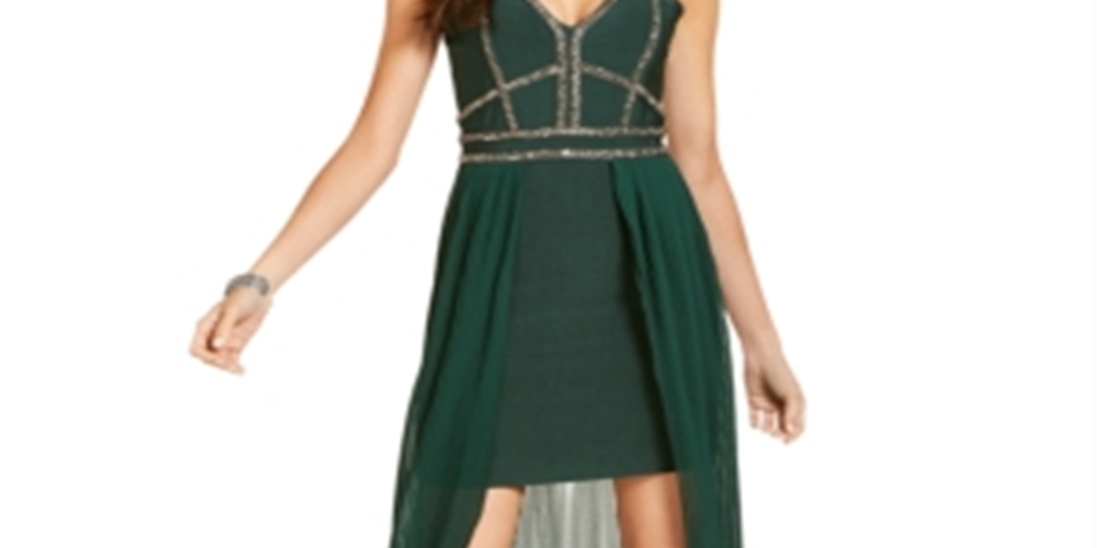 Marciano Women's Green Embellished Sleeveless V Neck Short Hi-Lo Formal Dress Size XS