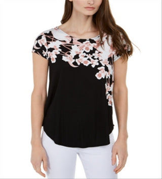 Alfani Women's Printed Round Hem T-Shirt Black Size Petite Small