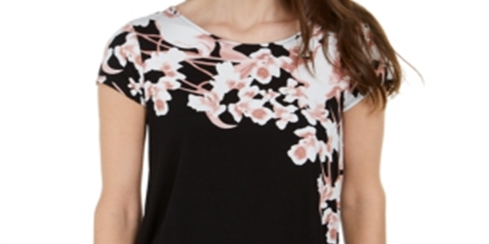 Alfani Women's Printed Round Hem T-Shirt Black Size Petite Small