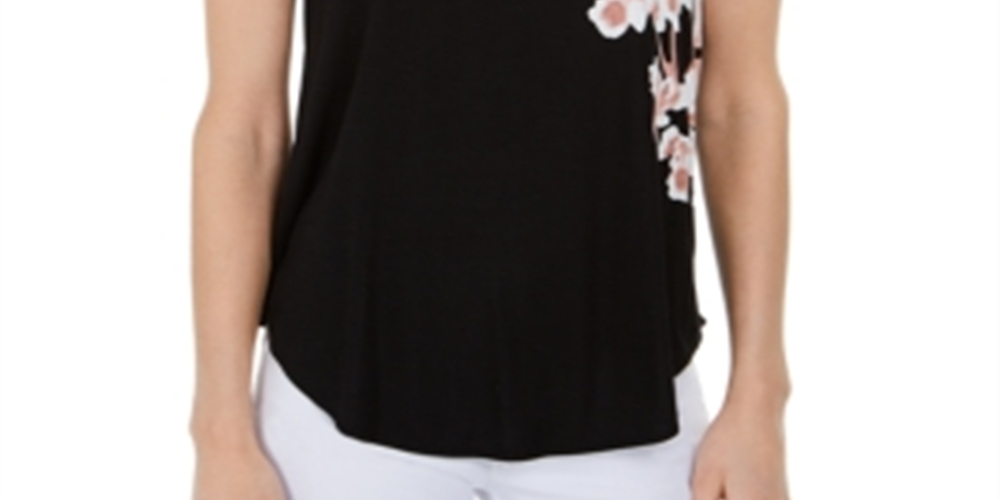 Alfani Women's Printed Round Hem T-Shirt Black Size Petite Small