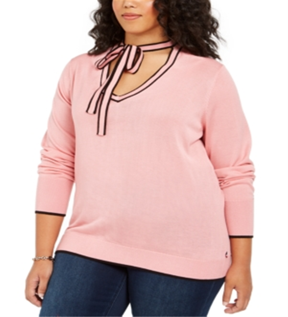 Tommy Hilfiger Women's Plus Banded Tie V-Neck Sweater Pink Size 2X