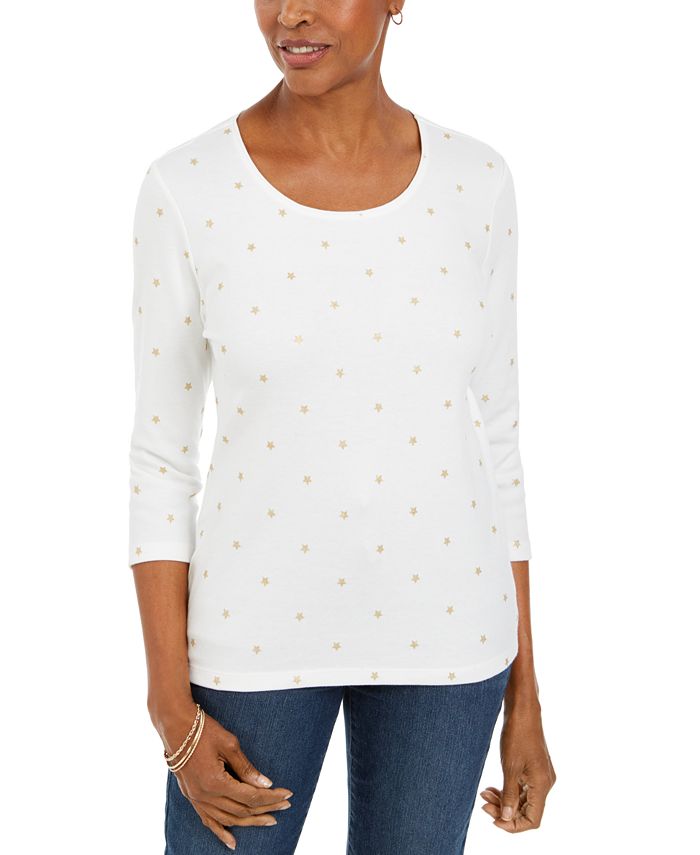 Karen Scott Foil-Print 3/4-Sleeve Top  - Winter White Size XS