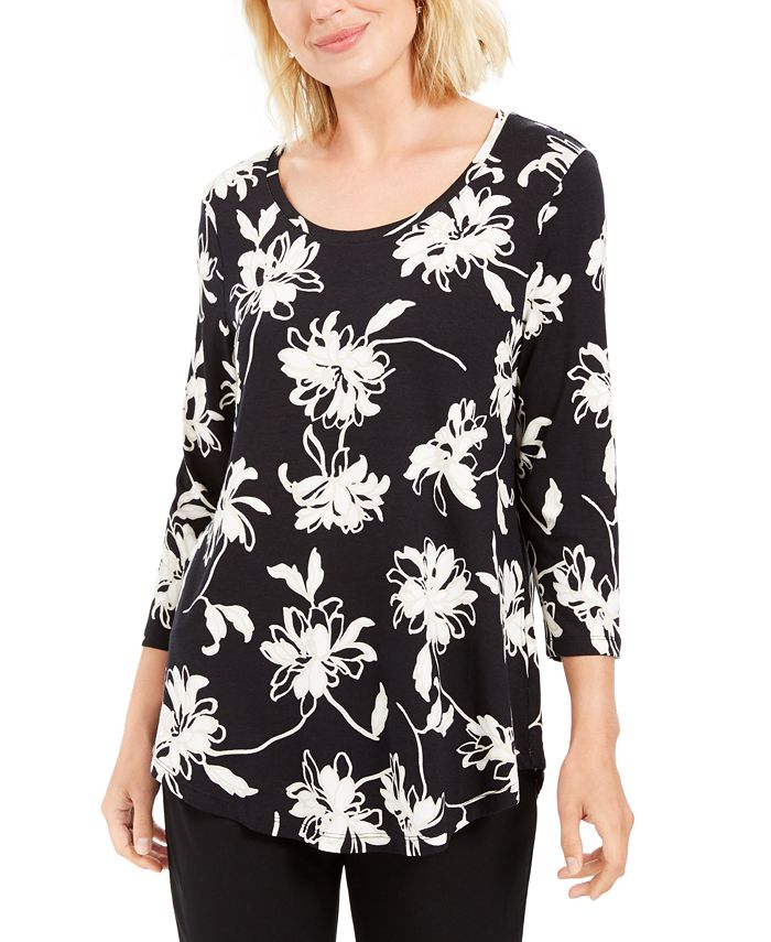 Jm Collection Printed Scoop-Neck Top Blossom Black Size XS