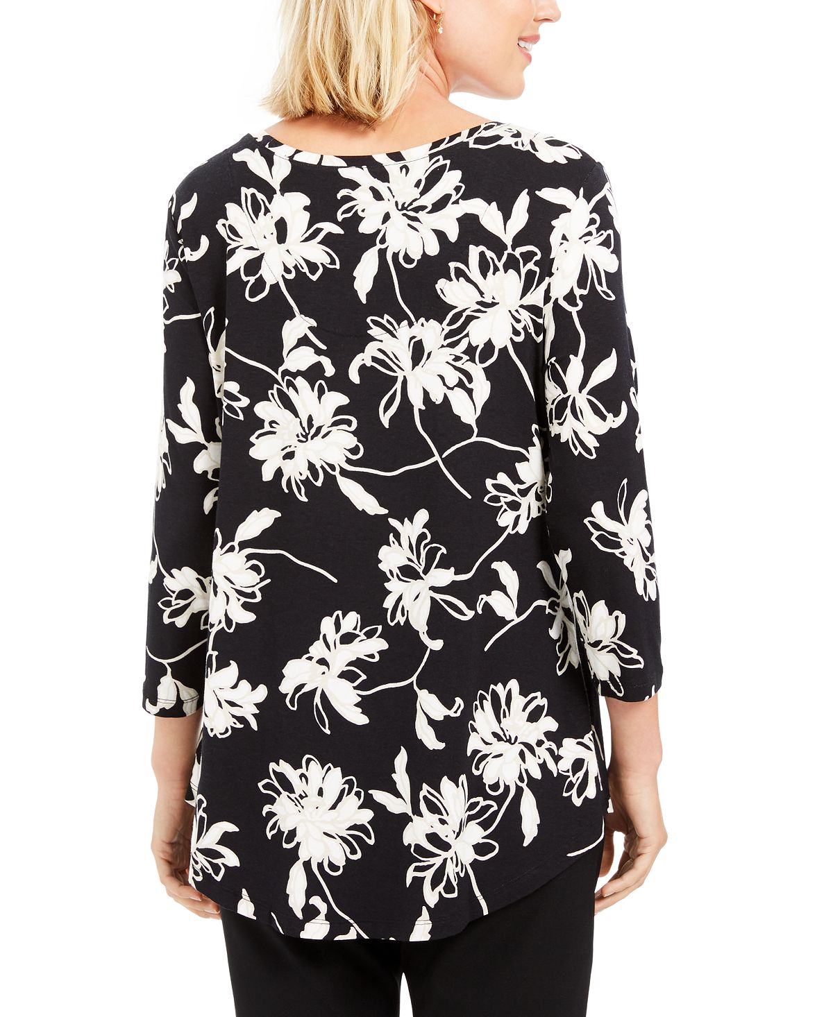 Jm Collection Printed Scoop-Neck Top Blossom Black Size XS