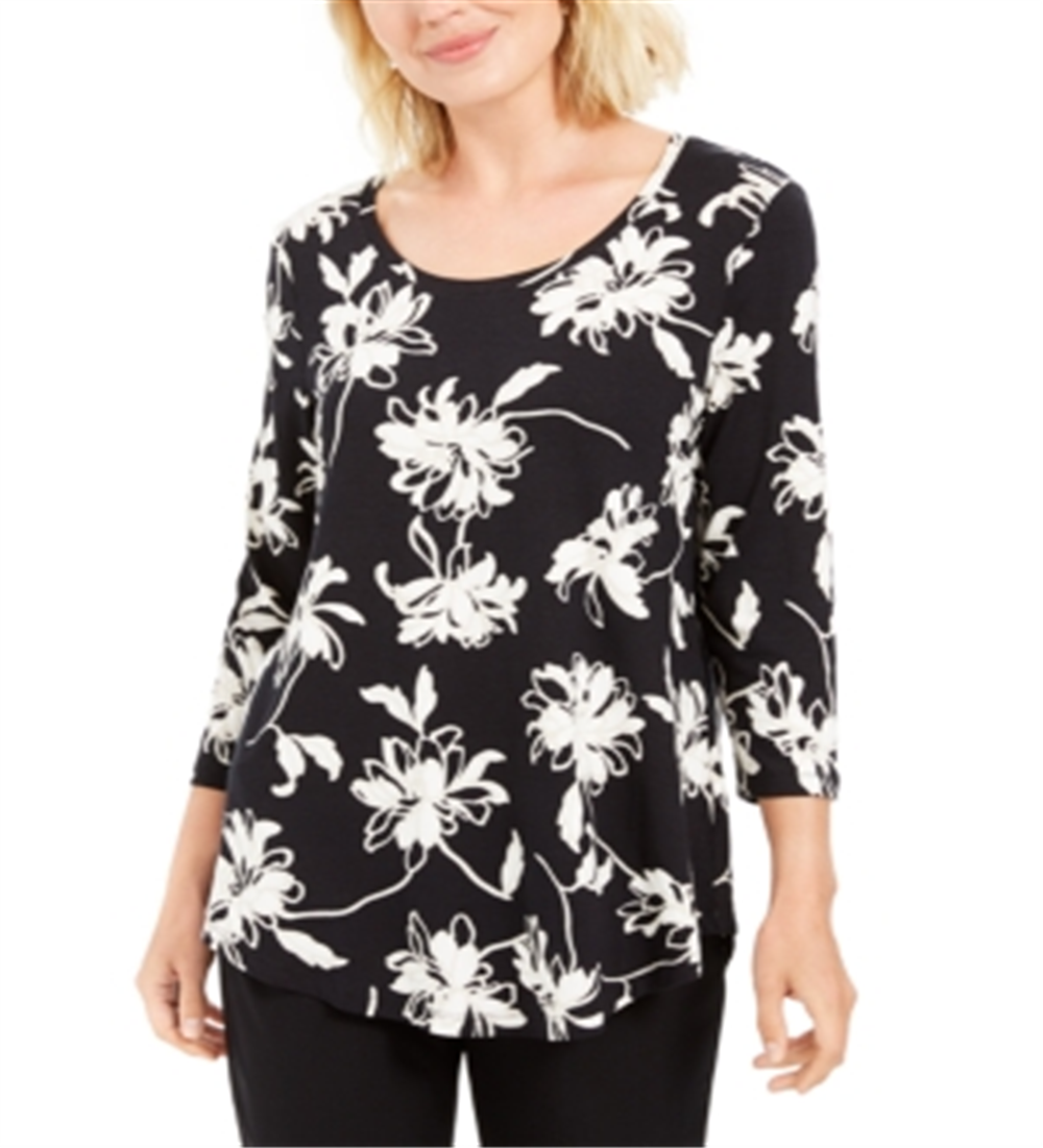 Jm Collection Printed Scoop-Neck Top Blossom Black Size XS
