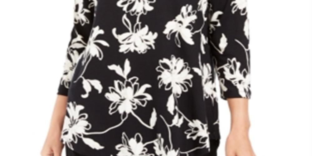 Jm Collection Printed Scoop-Neck Top Blossom Black Size XS