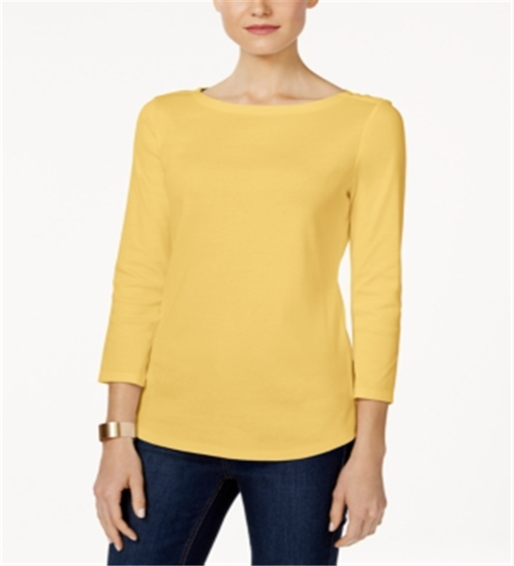 Charter Club Pima Cotton Boat-Neck Button-Shoulder Top Yellow Size S