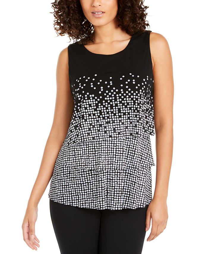 Alfani Women's Tiered Dot Print Top Black Size Petite L