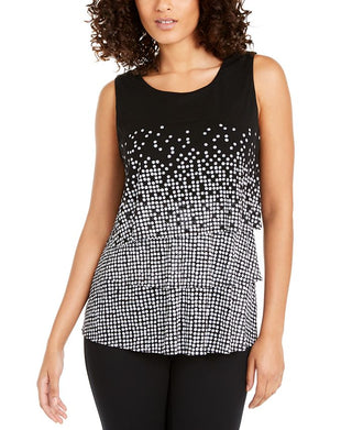 Alfani Women's Tiered Dot Print Top Black Size Petite L