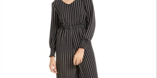 ULTRA FLIRT Womens Black Striped Long Sleeve Jewel Neck Wide Leg Jumpsuit Juniors Black Size XS