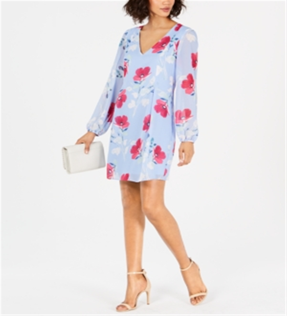 INC International Concepts Women's Long Sleeve Above the Knee Shift Dress Blue Size Large
