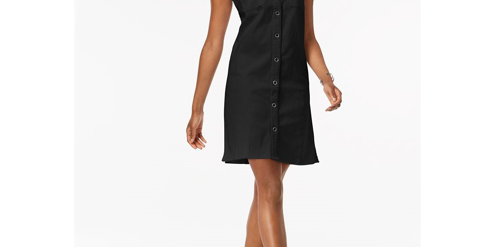 Style & Co Petite Frayed Denim Sleeveless Shirtdress Black Size 12 P