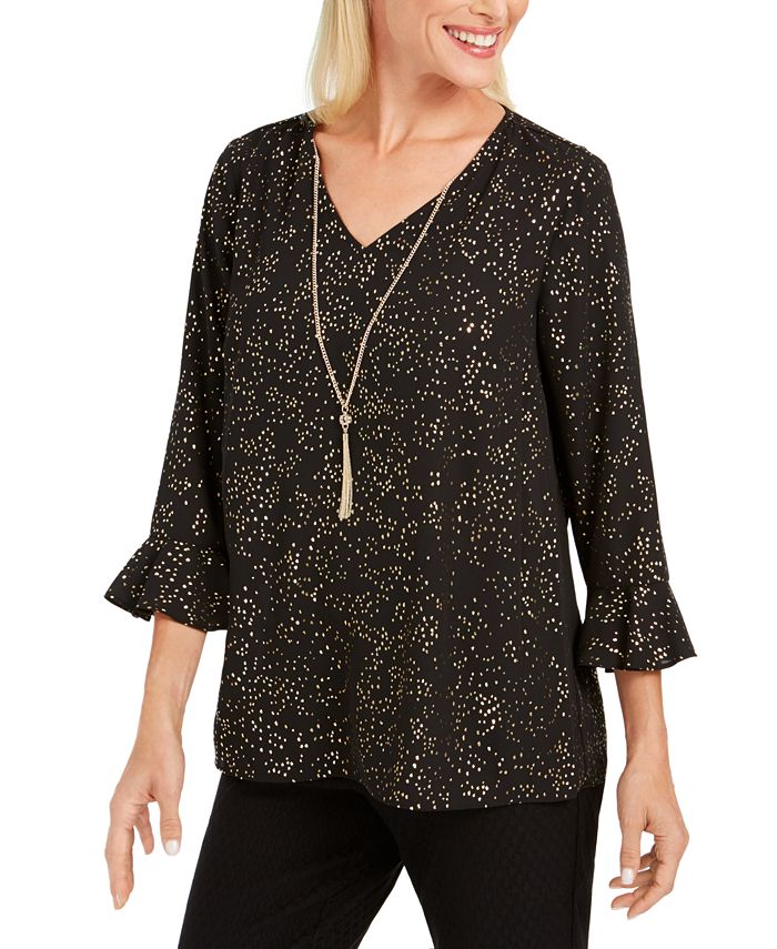 JM Collection Women's Foil Print Necklace Top Black Size Medium