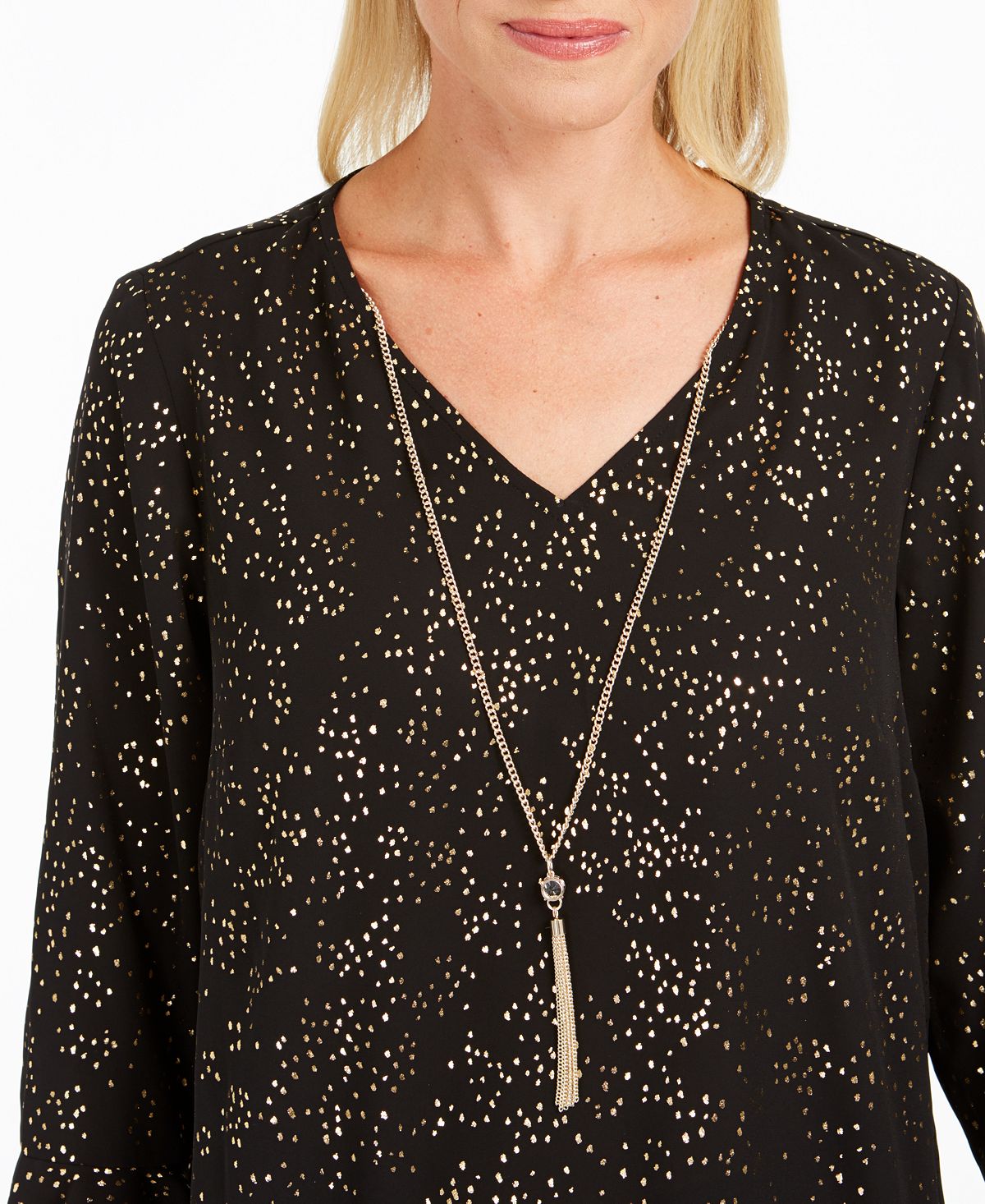 JM Collection Women's Foil Print Necklace Top Black Size Medium