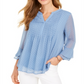 Charter Club Printed Pintuck Top Blue Size L