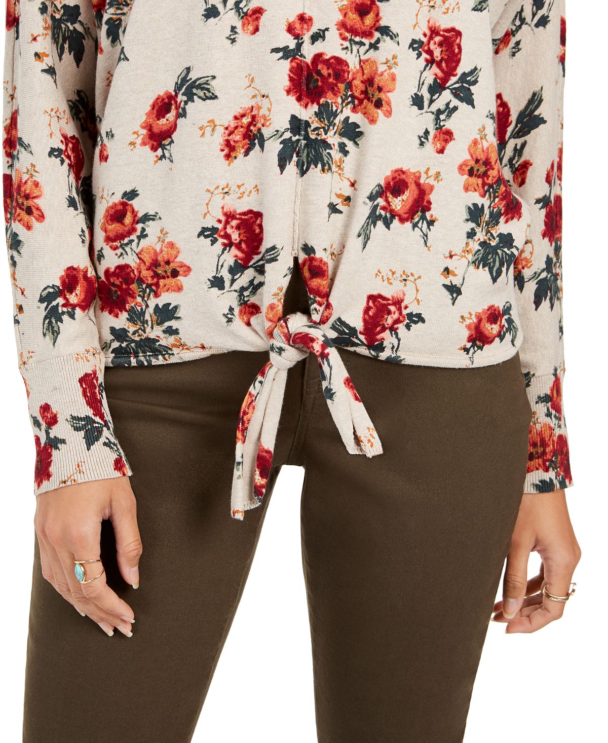 Style & Co Women's Printed Tie-Hem Sweater Beige Size Petite L