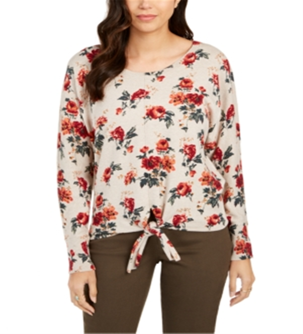 Style & Co Women's Printed Tie-Hem Sweater Beige Size Petite L