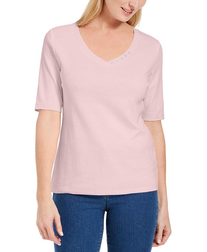 Karen Scott Women's Button Detail V Neck Top Pink Size Petite XL