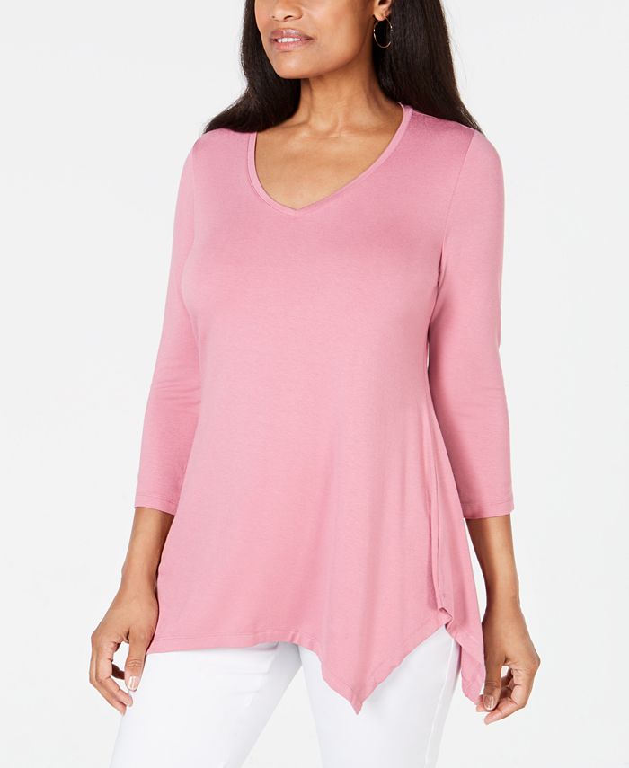 JM Collection Women's V Neck Handkerchief Hem Top Pink Size Medium
