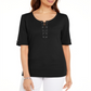 Karen Scott Women's Cotton Lace up Elbow Sleeve Top Black Size Medium