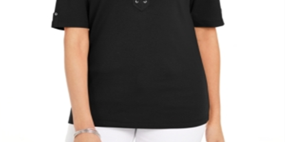 Karen Scott Women's Cotton Lace up Elbow Sleeve Top Black Size Medium