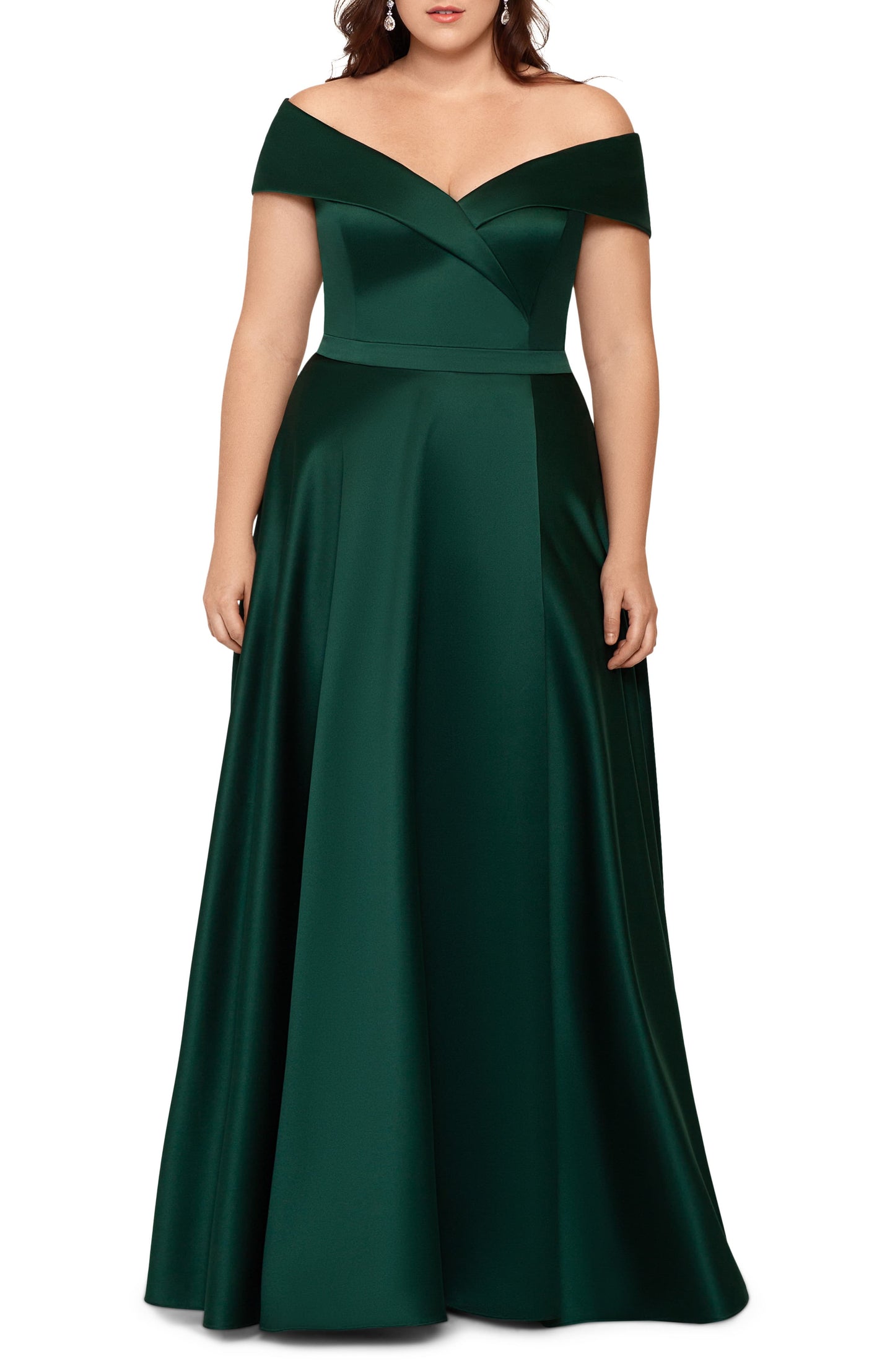 Xscape Women's Satin Zippered Off Shoulder Full Length Formal Fit Flare Dress Green Size 16W