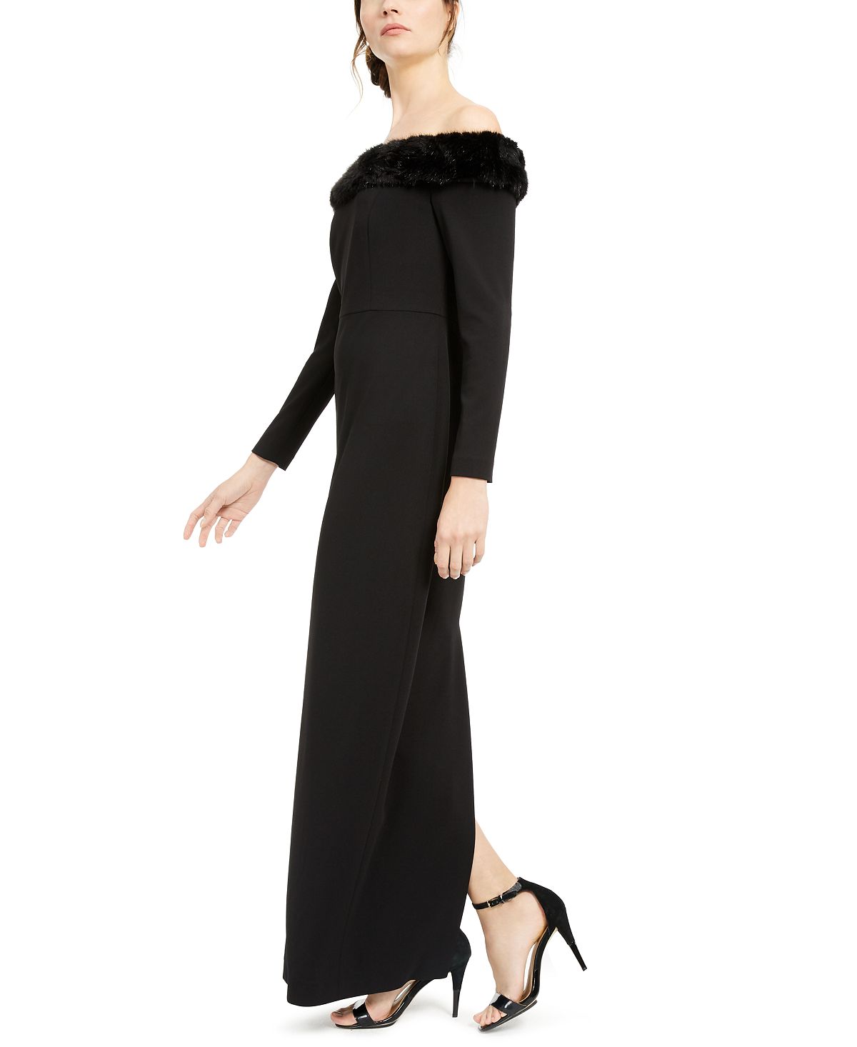 Calvin Klein Women's Long Sleeve Off Shoulder Maxi Sheath Evening Dress Black Size 12