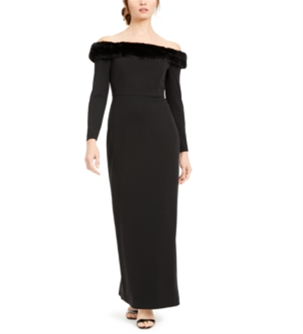 Calvin Klein Women's Long Sleeve Off Shoulder Maxi Sheath Evening Dress Black Size 12
