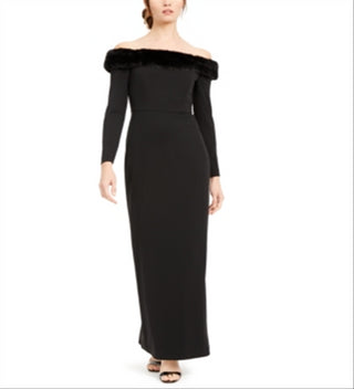 Calvin Klein Women's Long Sleeve Off Shoulder Maxi Sheath Evening Dress Black Size 12