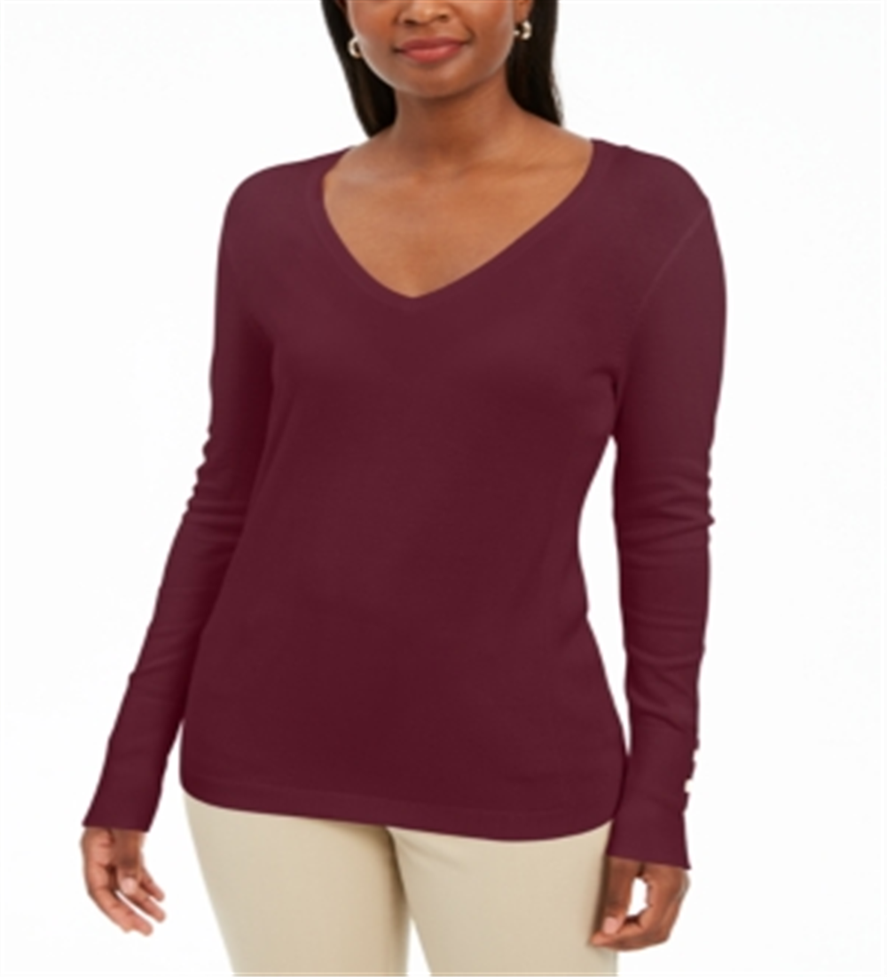 JM Collection Women's Embellished-Sleeve V Neck Sweater Red Size X-Small