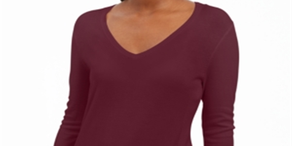 JM Collection Women's Embellished-Sleeve V Neck Sweater Red Size X-Small