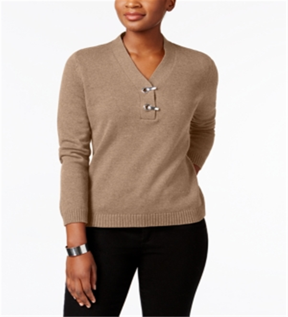 Karen Scott Women's Hardware V Neck Cotton Sweater Brown Size Large