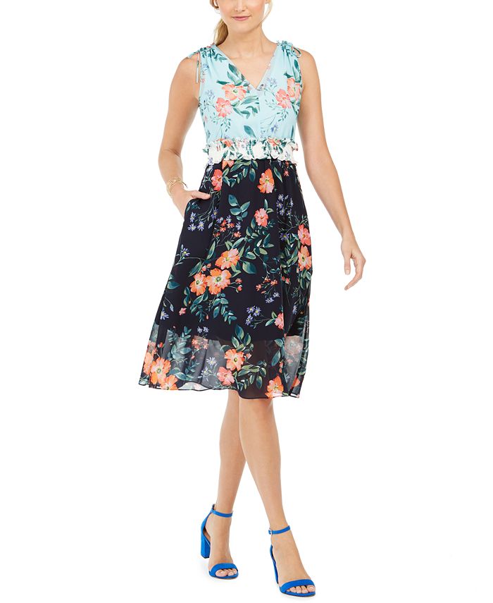 Vince Camuto Women's Floral Print Colorblock Dress Navy Blue Size 2 Polyester Blue Size 2