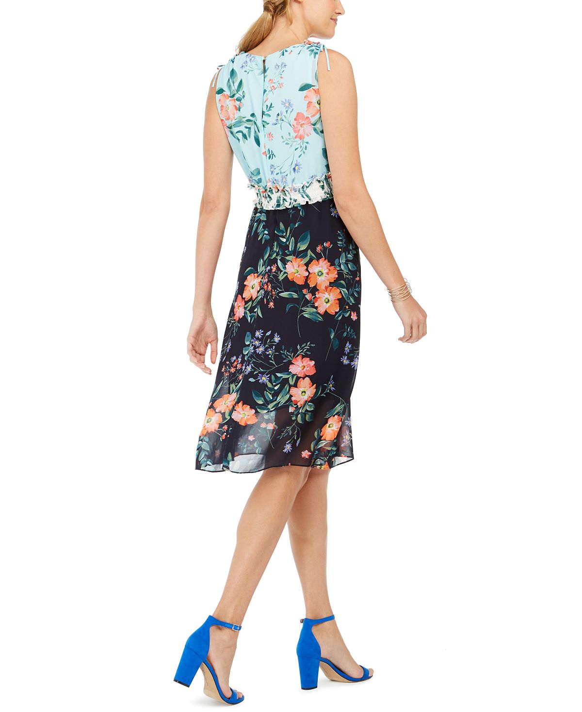 Vince Camuto Women's Floral Print Colorblock Dress Navy Blue Size 2 Polyester Blue Size 2