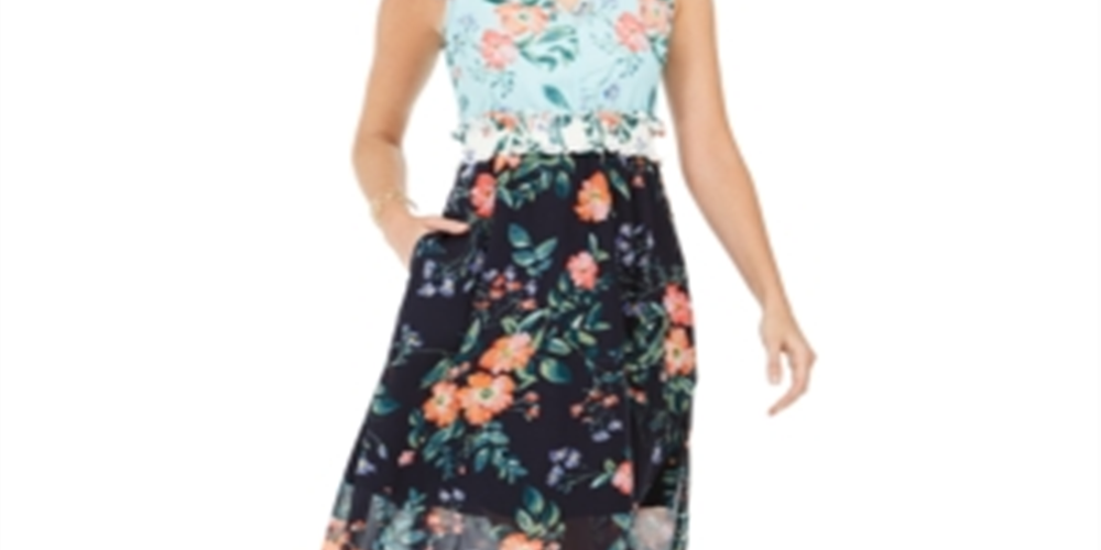 Vince Camuto Women's Floral Print Colorblock Dress Navy Blue Size 2 Polyester Blue Size 2