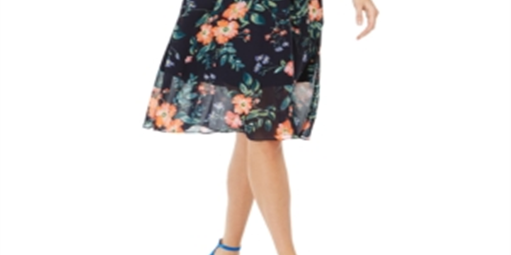 Vince Camuto Women's Floral Print Colorblock Dress Navy Blue Size 2 Polyester Blue Size 2