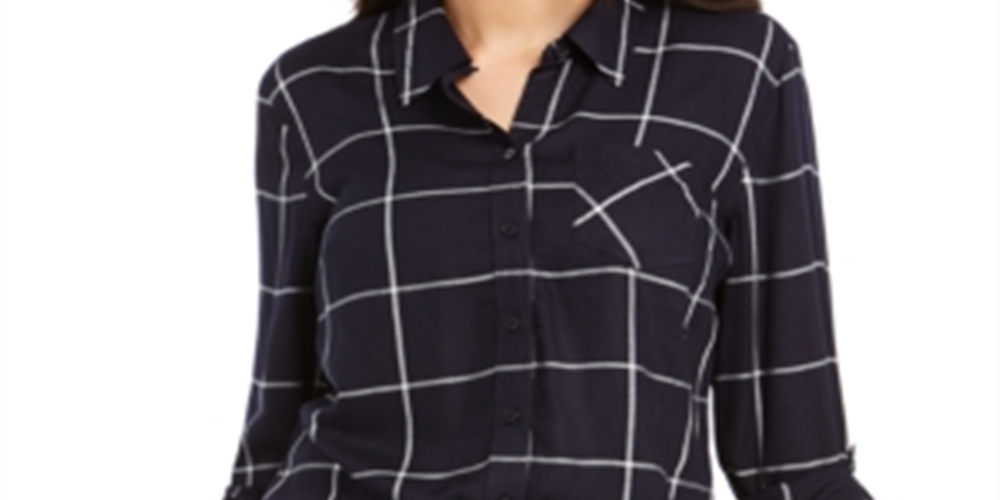 Style & Co Women's Cotton Tab Sleeve Plaid Shirt Blue Size Petite XL