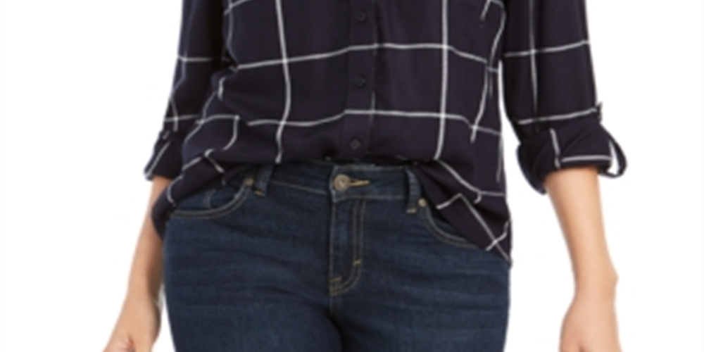 Style & Co Women's Cotton Tab Sleeve Plaid Shirt Blue Size Petite XL