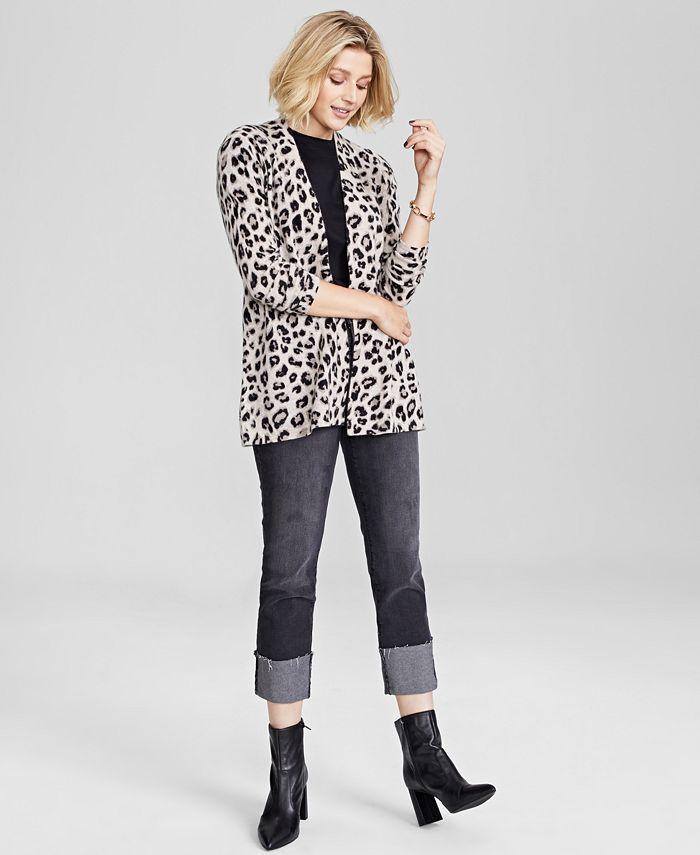 Charter Club Women's Animal Print Pure Cashmere Cardigan Black Sizes Petite S