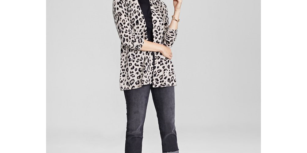 Charter Club Women's Animal Print Pure Cashmere Cardigan Black Sizes Petite S