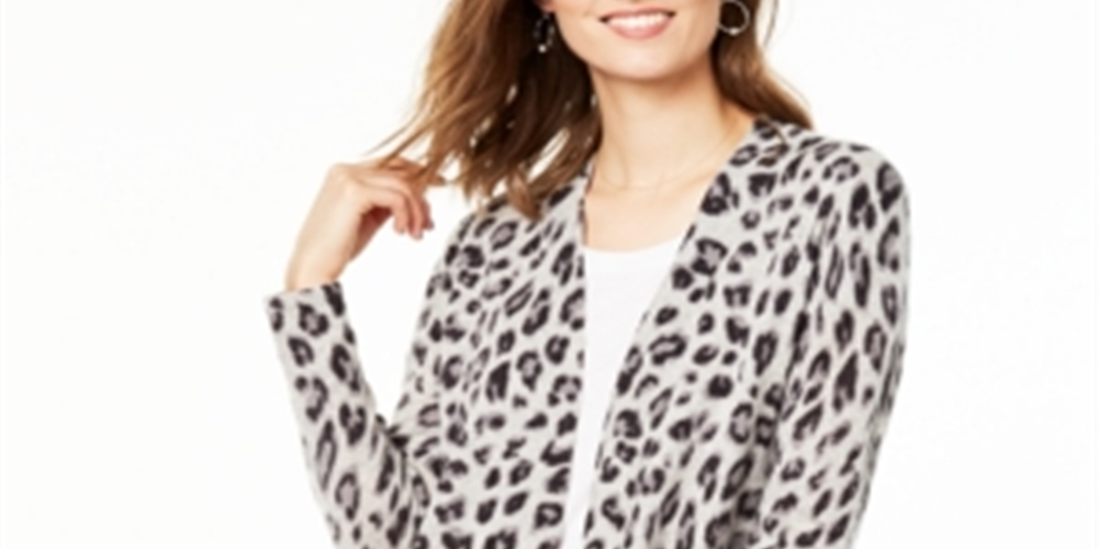 Charter Club Women's Animal Print Pure Cashmere Cardigan Black Sizes Petite S